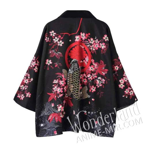 Японское кимоно - черное с цветами сакуры и рыбой кои / Haori - black with sakura flowers and koi fish